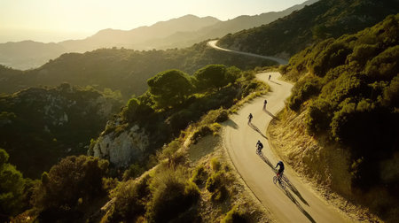 A breathtaking view of cyclists navigating a winding mountain road at sunset, surrounded by lush greenery and dramatic hills, capturing the spirit of outdoor adventure and natural beauty.の素材