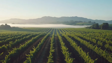 A captivating vineyard scene at dawn showcasing lush green rows of grapevines with mountains in the background and a serene mist enveloping the landscape.の素材