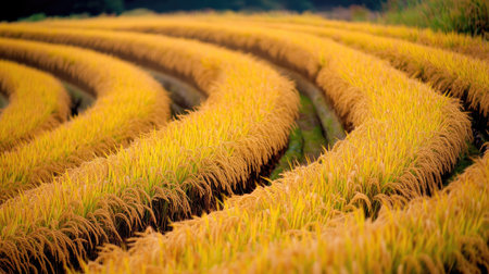This image captures the beauty of golden rice fields with curving rows, showcasing a vibrant agricultural scene filled with life and color under a clear blue sky.の素材