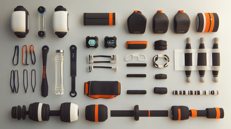 A vibrant collection of fitness equipment arranged neatly, ideal for promoting home workouts and healthy living. Perfect for gym enthusiasts and personal trainers.の素材
