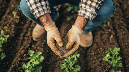 A farmer gently holds a handful of rich soil while surrounded by green seedlings, showcasing the connection between hands, earth, and the nurturing of crops in a rural garden.の素材