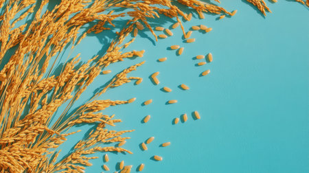A stunning visual of golden rice ears with scattered grains set against a bright blue background, illustrating the beauty of agriculture and the bounty of nature.の素材