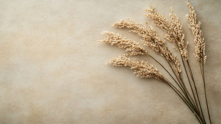 Beautifully arranged dried grasses on a neutral backdrop, perfect for evoking a sense of calm and elegance in various design and decor contexts.の素材