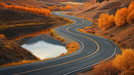 Experience the beauty of a winding road surrounded by vibrant autumn foliage, reflecting serene waters that create a picturesque nature setting. Perfect for travel and landscape lovers.の素材