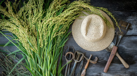 This image captures a rustic agricultural layout with fresh rice grains, a straw hat, and various farming tools, evoking the essence of traditional farming and harvest time.の素材