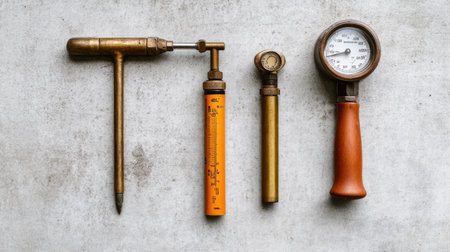 Collection of vintage measurement tools arranged aesthetically on a concrete surface, highlighting craftsmanship and the beauty of retro design in engineering equipment.の素材