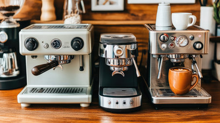 A cozy cafe scene featuring stylish espresso machines lined up on a wooden countertop, showcasing freshly brewed coffee with a warm, inviting aesthetic perfect for coffee lovers.の素材