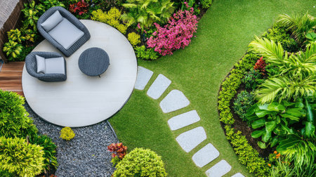 This stunning aerial view showcases an elegant outdoor lounge area surrounded by lush greenery and vibrant flowers, creating a tranquil paradise for relaxation.の素材