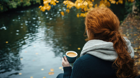 A woman with ginger hair holds a steaming cup of coffee while sitting by a tranquil river. Surrounded by autumn leaves, this scene captures a serene moment of relaxation in nature.の素材