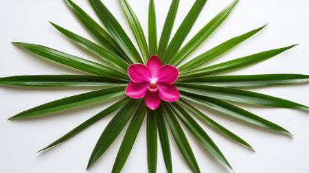 A beautiful pink orchid sits gracefully among long green leaves, set against a white background. This stunning image epitomizes beauty, nature, and tranquility in floral design.の素材