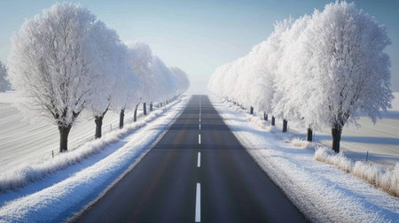 Captivating winter scene featuring a wide, empty road bordered by frosted trees under a clear blue sky, evoking a serene and tranquil atmosphere perfect for relaxation.の素材