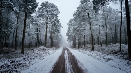 A serene winter scene featuring a snow-covered road that meanders through a quiet forest, surrounded by tall pine trees shrouded in mist for a tranquil atmosphere.の素材