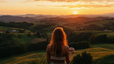 A woman stands peacefully at sunrise, holding a cup of coffee while gazing over beautiful rolling hills, capturing the essence of tranquility and connection with nature.の素材