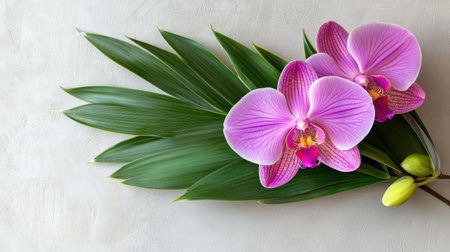 A stunning close-up of pink orchids alongside green leaves, perfect for nature lovers. This image captures the elegance and beauty of floral arrangements in a simple background.の素材