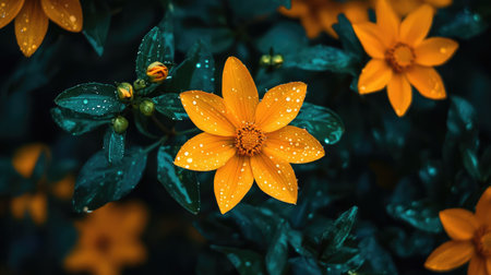 A stunning closeup of a vibrant yellow flower adorned with water droplets, surrounded by rich green leaves, captures the essence of nature's beauty in a serene garden environment.の素材