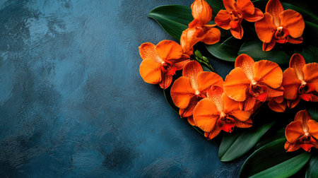 A stunning display of vibrant orange orchids paired with lush green leaves set against a dark blue background, perfect for adding a touch of beauty and elegance to any space.の素材
