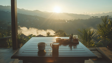Enjoy a peaceful morning with a cup of coffee on a wooden table, surrounded by stunning mountain scenery and soft mist as the sun rises, creating a perfect serene ambiance.の素材