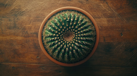 A stunning top-down view of a spiky green cactus planted in a clay pot on a rustic wooden table, showcasing its intricate natural patterns and inviting textures perfect for creative design projects.の素材
