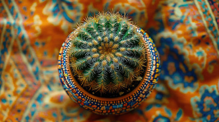 Stunning close-up of a cactus in a beautifully adorned pot, set against a richly patterned fabric background, adding a touch of nature and aesthetic charm to any space.の素材