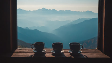 Enjoy a tranquil morning scene featuring three coffee cups placed on a rustic wooden sill, framed by an expansive view of fog-covered mountains at dawn.の素材