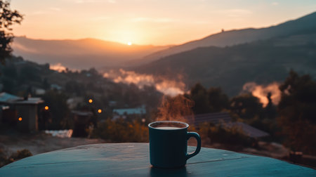 Enjoy a peaceful morning with a steaming cup of coffee, capturing the beauty of a mountain landscape at sunrise, enveloped in mist and tranquility.の素材
