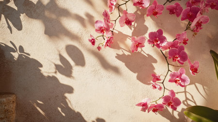 A stunning arrangement of delicate pink orchids creates an elegant contrast against a softly textured wall, casting beautiful shadows that enhance a serene atmosphere.の素材
