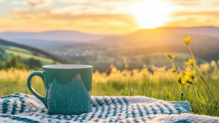 A serene morning scene showcasing a teal mug resting on a cozy blanket, with a stunning sunrise illuminating rolling hills and vibrant greenery, creating a tranquil atmosphere.の素材