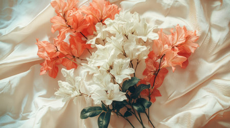 A stunning display of peach and white flowers on soft fabric captures elegance and beauty, perfect for various artistic and decorative purposes.の素材