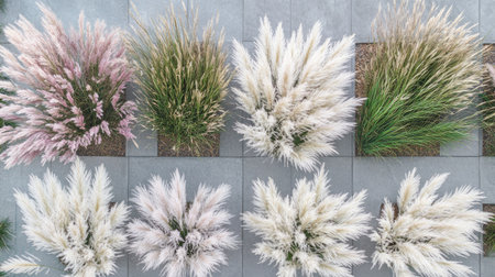A stunning aerial view of various pampas grass types in a modern stone garden, showcasing their beautiful colors and textures, ideal for nature and landscape enthusiasts.の素材