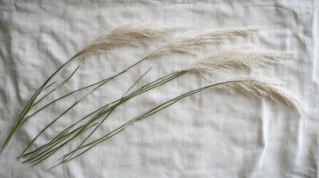 This image features delicate pampas grass stems elegantly arranged on soft textured fabric, perfect for enhancing natural themes in home decor and photography settings.の素材