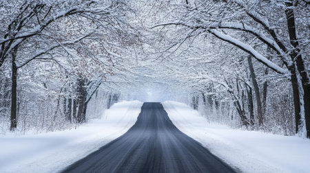 A tranquil winter road lined with snow-covered trees invites travelers to explore a serene landscape, showcasing the beauty and stillness of a snowy day.の素材
