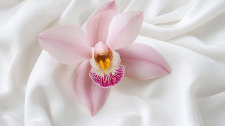 A stunning close-up of a pink orchid flower resting on soft silk fabric, showcasing nature's beauty while evoking feelings of tranquility and elegance in decor.の素材