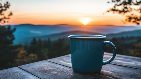 A beautiful sunrise casts vibrant colors across the sky, featuring a blue mug placed on a wooden table, inviting moments of morning peace and inspiration amid nature.の素材