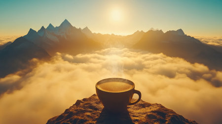 A steaming mug of coffee sits invitingly on a rocky outcrop, with a breathtaking mountain range and soft clouds illuminated by the warm morning sun, creating a perfect moment of peace and reflection.の素材
