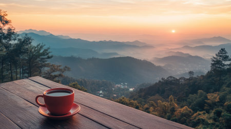 Enjoy a tranquil morning scene featuring a steaming cup of coffee on a wooden table, set against breathtaking mountains and a misty valley at dawn.の素材