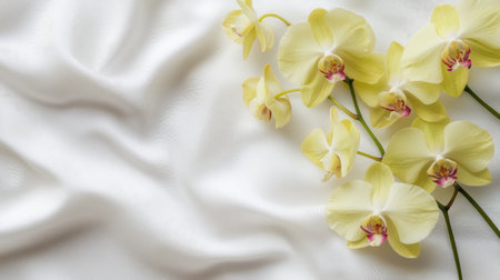 A serene composition featuring delicate yellow orchids arranged elegantly on a soft white fabric surface, perfect for enhancing interior decor or adding charm to event styling.の素材