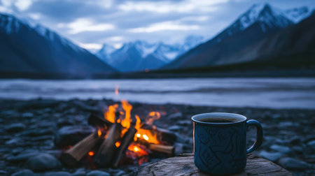 Enjoy a serene scene featuring a glowing campfire by the river, a steaming cup of coffee, and breathtaking mountains under a dusky sky, creating a perfect getaway ambiance.の素材
