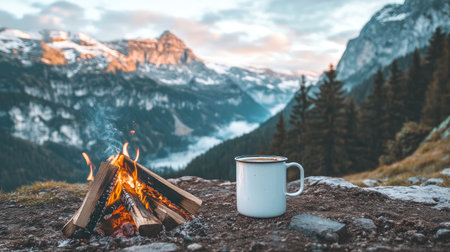 A serene campfire set against stunning mountain peaks under a dusky sky, complemented by a steaming mug, creating a cozy scene for nature lovers and adventurers.の素材