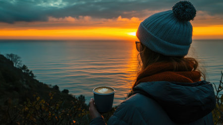 A person stands overlooking a majestic sunset at the coast, holding a warm beverage, creating a relaxing moment amid nature's beautiful scenery.の素材