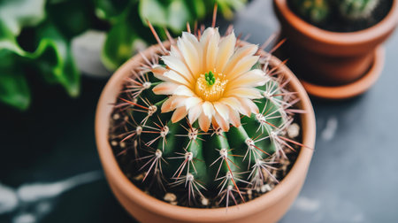 A stunning cactus showcasing a soft pastel bloom, placed in a ceramic pot, surrounded by lush greenery, ideal for enhancing indoor spaces and bringing nature indoors.の素材