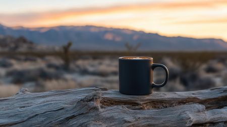 A black coffee mug rests on a weathered log under a vibrant sunset, with mountains in the distance, creating a serene and tranquil atmosphere in a beautiful desert landscape.の素材