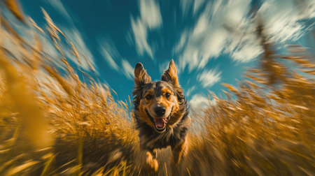 A joyful dog dashes through a golden wheat field under a bright blue sky, captured with a motion blur to convey energy and playfulness in nature.の素材