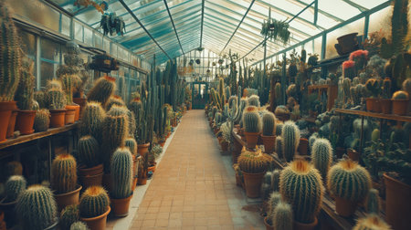 Explore a vibrant greenhouse filled with a remarkable array of cacti and succulents. A tranquil pathway invites visitors to appreciate the beauty of diverse plant life.の素材