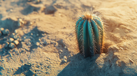 This close-up photo captures a striking cactus in a desert setting, illuminated by warm light. The intricate details and unique textures highlight nature's resilience in arid environments.の素材