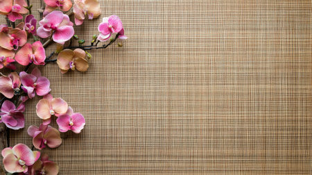This image features a stunning display of soft orchids in pink and beige shades positioned on a natural bamboo background, creating a serene and elegant atmosphere perfect for decor.の素材