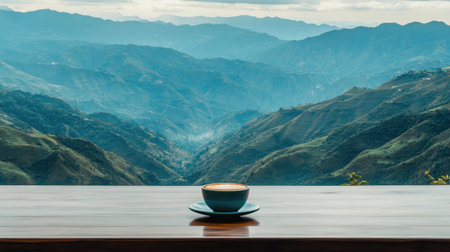 This captivating image showcases a coffee cup placed on a wooden table with a breathtaking mountain landscape in the background, embodying serenity and natural beauty.の素材