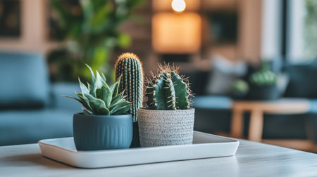 A beautifully arranged display of cacti and succulents on a decorative tray in a bright, modern living room, showcasing the charm of indoor gardening and stylish interior design.の素材