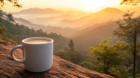 Enjoy a warm cup of coffee placed on a wooden table, set against a breathtaking mountain backdrop during sunrise, capturing tranquility and the beauty of nature.の素材