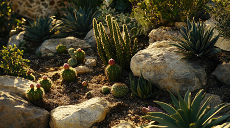 This image showcases a stunning desert garden with various cacti and succulents, surrounded by natural stones, illuminated by soft evening light, creating a tranquil outdoor scene.の素材