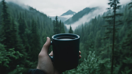 A serene moment captured as a hand holds a black coffee mug against a picturesque forest landscape with misty mountains and gentle clouds on a tranquil morning.の素材